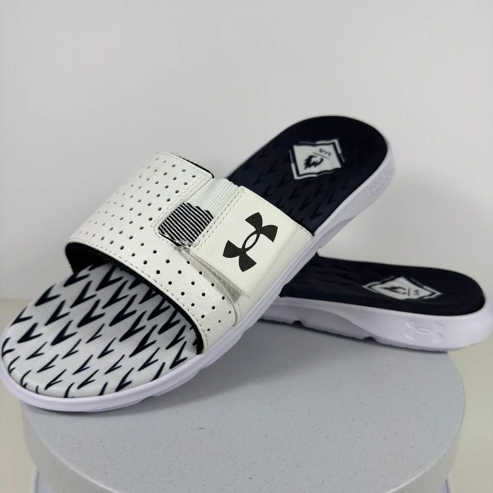 Under Armour Mens Slides Perforated Comfort Sport White Black Fit Size 9